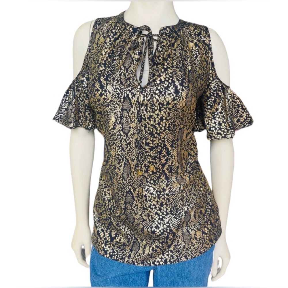 Michael Kors Black and Gold Cold Shoulder Blouse-L